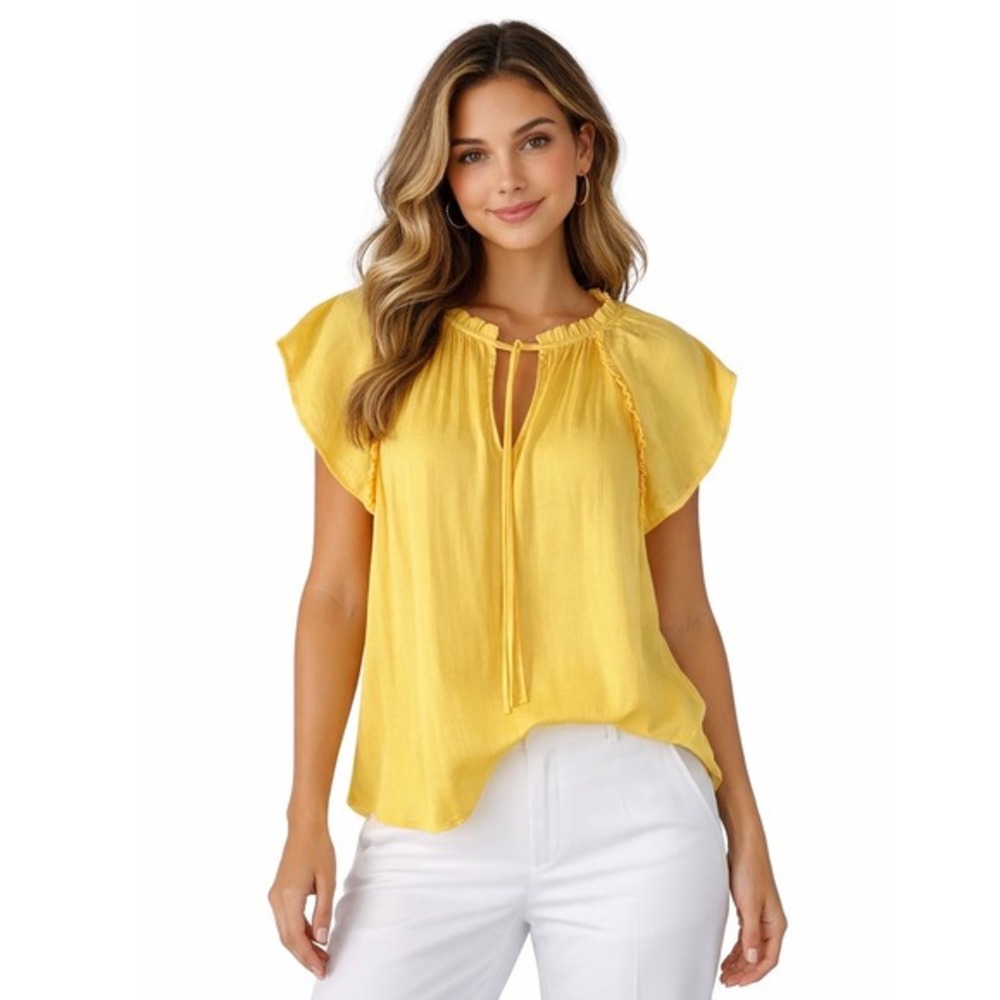 LOFT Yellow Flutter Sleeve Ruffle‎ Neck Tie Front Blouse Top M Resortwear  88-30